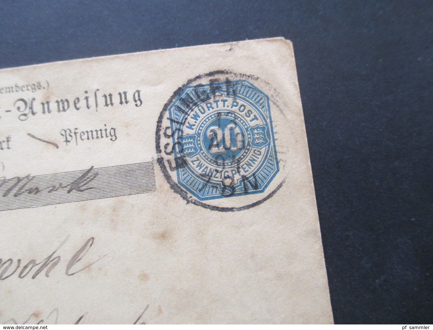 AD Württemberg 1894 Postanweisung Umschlag U 41 (?!) Strempel K1 Esslingen Bahnhof Rücks. Eschenau - Postal  Stationery