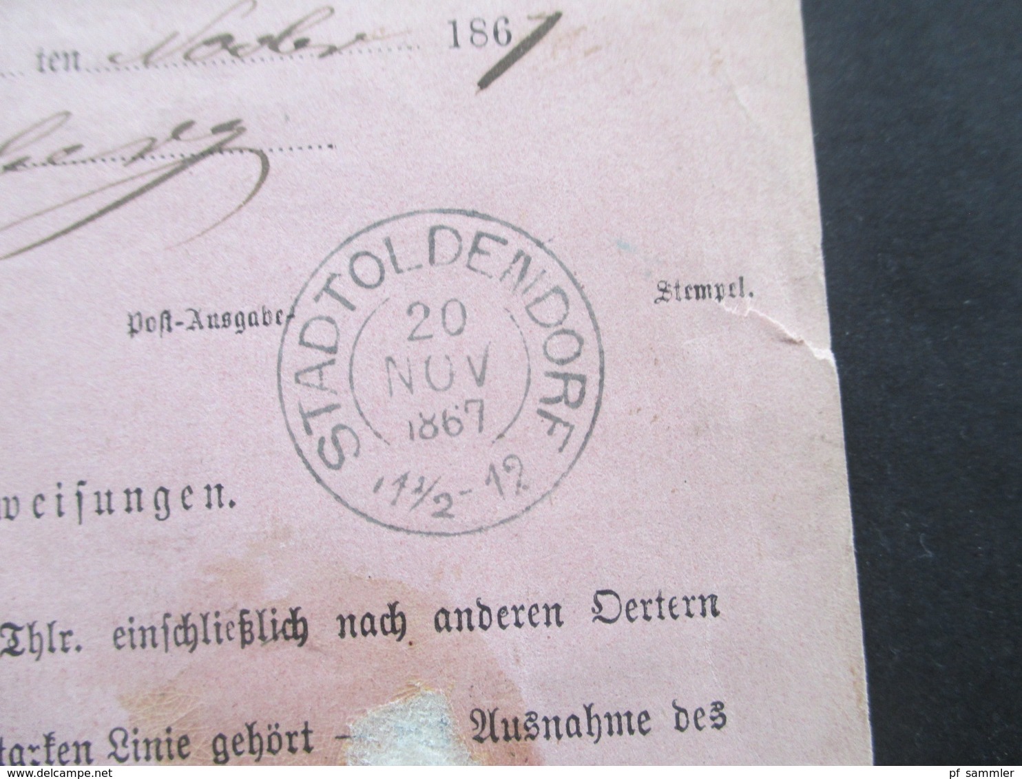 AD Braunschweig 1867 Postanweisung Blauer Stempel K2 Braunschweig Nach  Stadtoldendorf Mit Schw. Ank. Stadtoldendorf - Brunswick