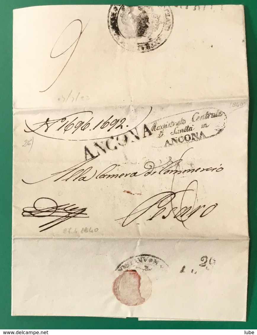 1840 ANCONA SANITA’ 2 BOLLI PER PESARO - ...-1850 Préphilatélie