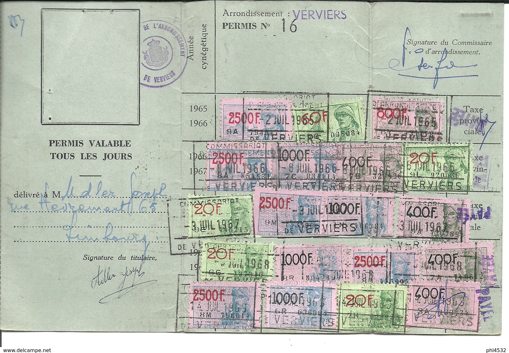 Permis De Port D'armes De Chasse 1965 1970 - Historische Dokumente