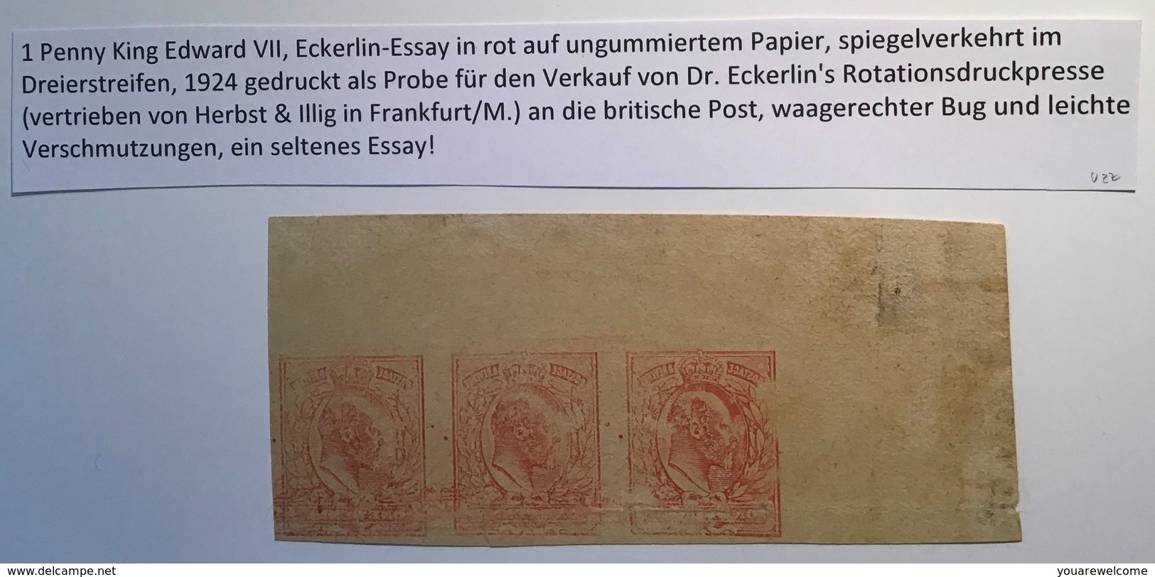 GB 1901 KEVII 1d Red Three Eckerlin Essay Of 1928 (essai Great Britain Proofs - Unused Stamps