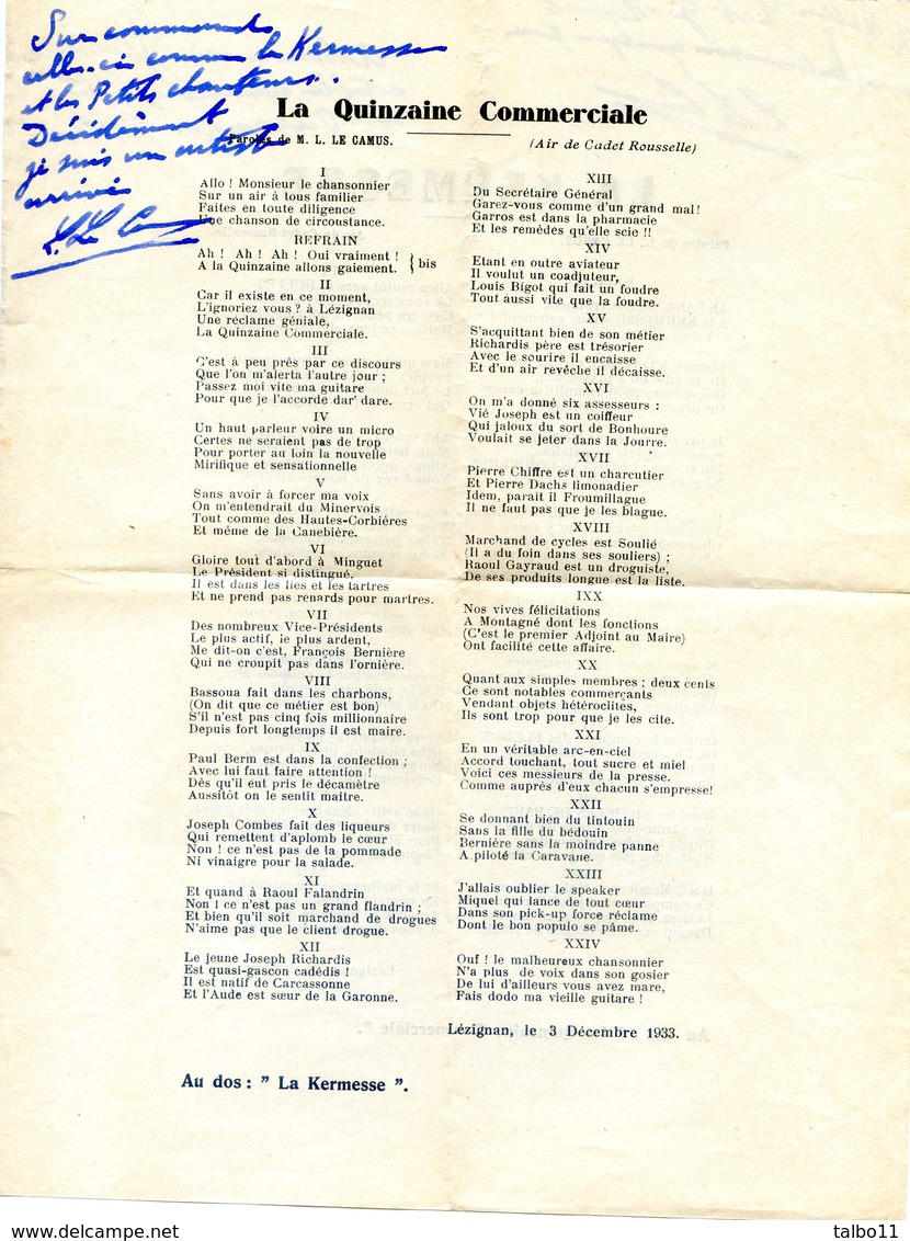 11 - Lézignan - Quinzaine Commerciale 1933 - Texte De 2 Chansons - Paroles De M L Le Camus, Air Cadet Rousselle - Non Classés