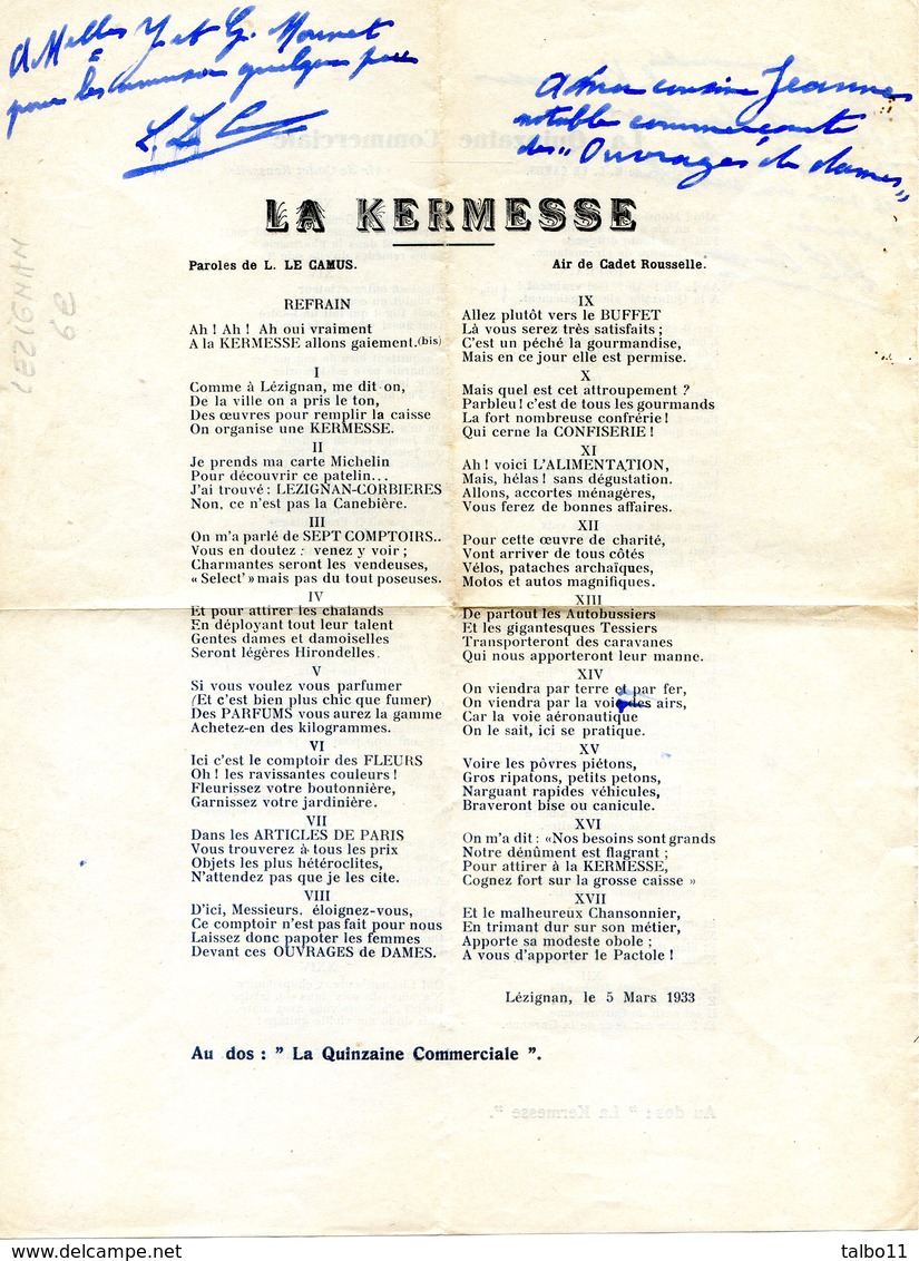 11 - Lézignan - Quinzaine Commerciale 1933 - Texte De 2 Chansons - Paroles De M L Le Camus, Air Cadet Rousselle - Non Classés