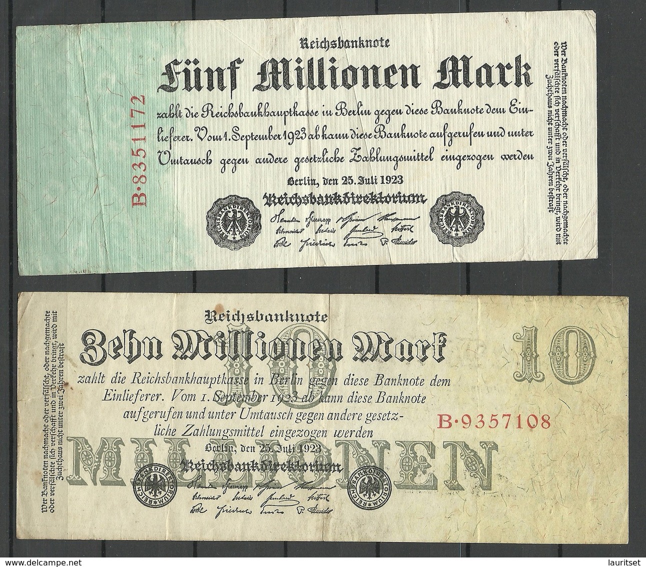 Germany Deutschland 1923 = 5 000 000 & 10 000 000 Mark Bank Notes - 10 Millionen Mark