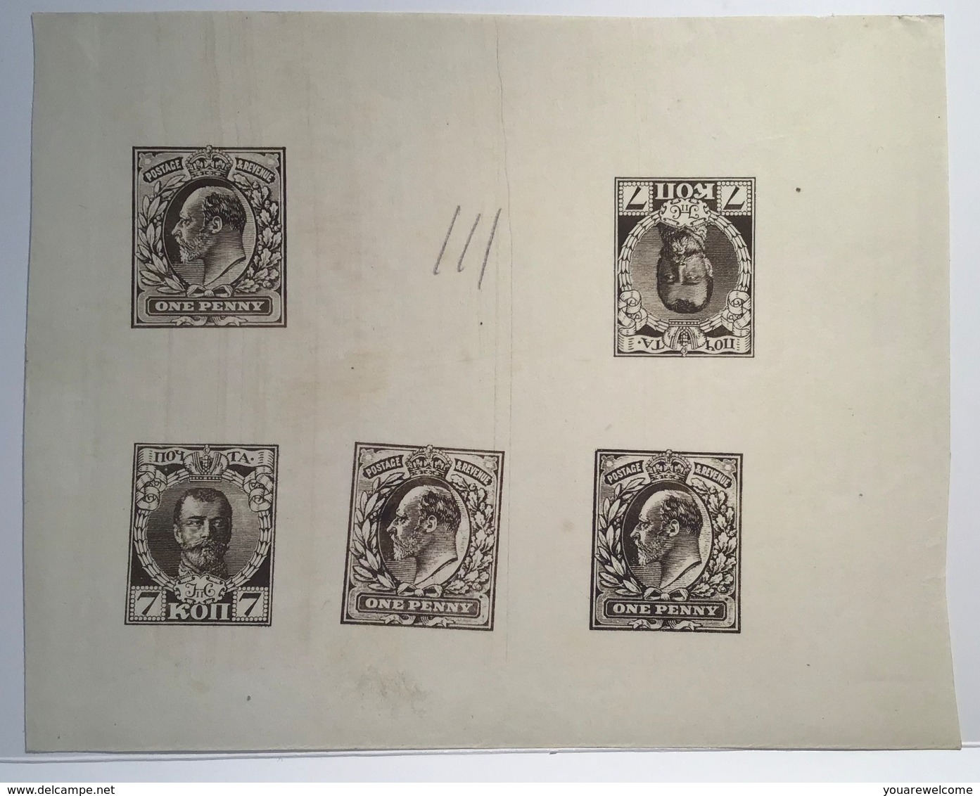 RPS CERT: GB 1902 KEVII 1d RARE ECKERLIN ESSAYS Watermarked + Russia 7kop (essai Great Britain Die Proof Sample - Unused Stamps