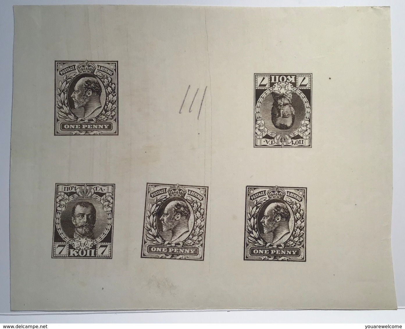 RPS CERT: GB 1902 KEVII 1d RARE ECKERLIN ESSAYS Watermarked + Russia 7kop (essai Great Britain Die Proof Sample - Nuevos