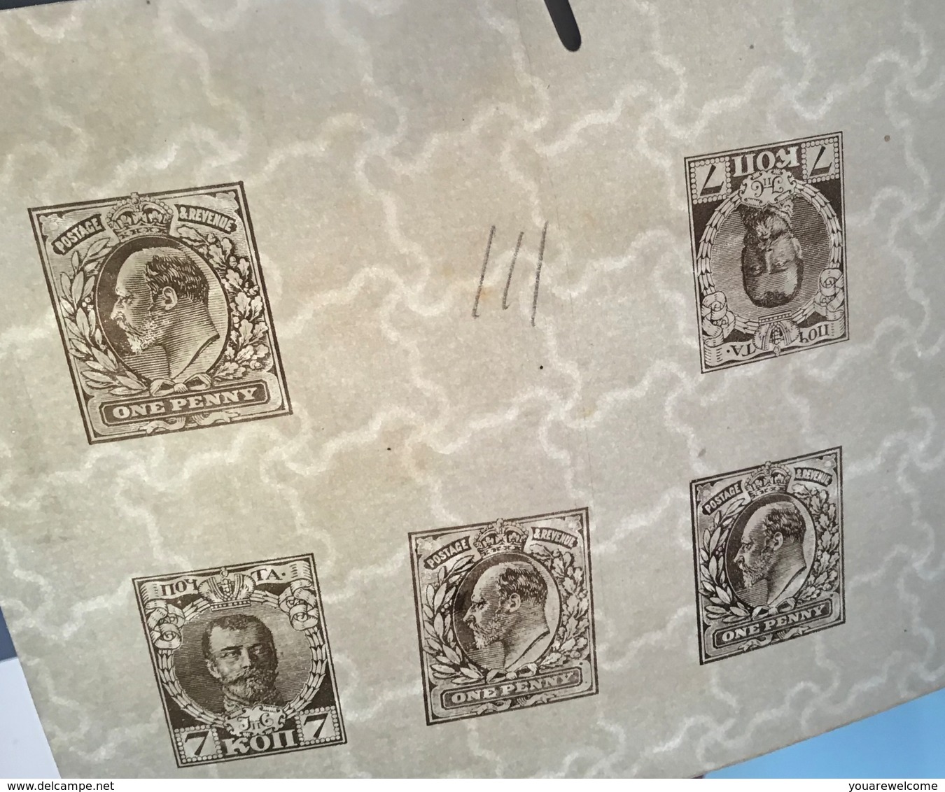 RPS CERT: GB 1902 KEVII 1d RARE ECKERLIN ESSAYS Watermarked + Russia 7kop (essai Great Britain Die Proof Sample - Unused Stamps