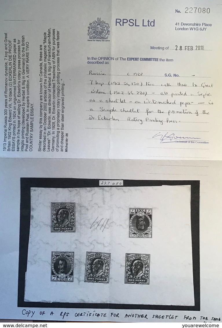 RPS CERT: GB 1902 KEVII 1d RARE ECKERLIN ESSAYS Watermarked + Russia 7kop (essai Great Britain Die Proof Sample - Nuovi