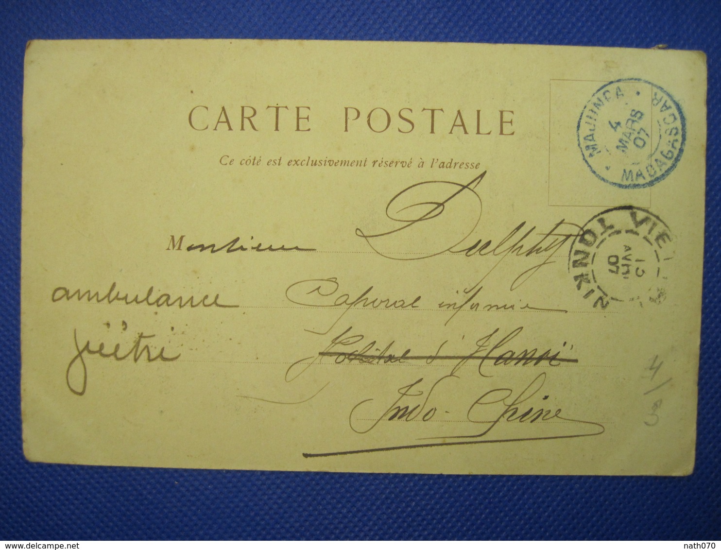 Madagascar MAJUNGA 1907 France Pour Indochine Postal Militaire Lettre Enveloppe Cover Colonie Cachet Bleu Groupe - Briefe U. Dokumente