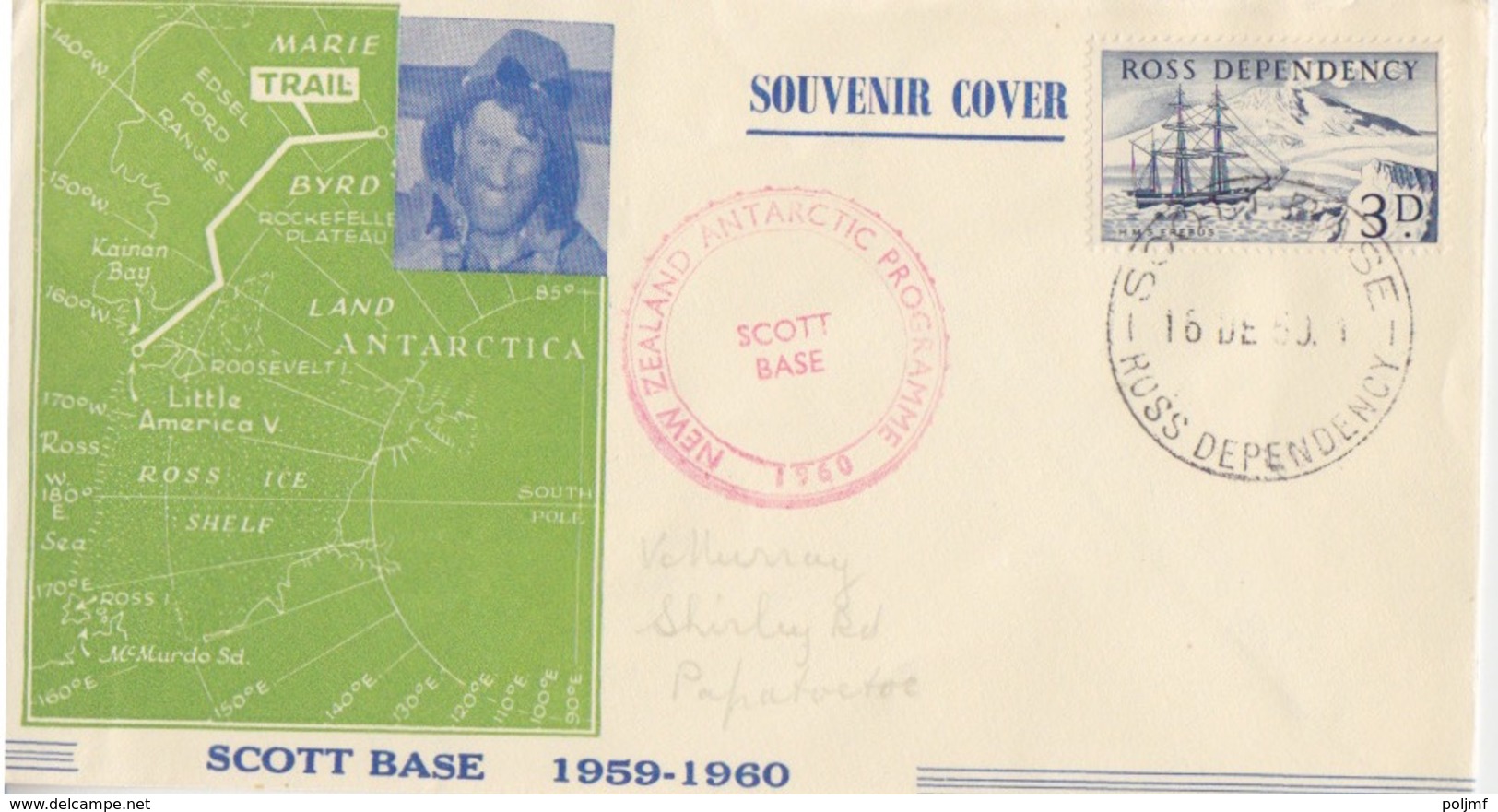 Polaire Néozélandais, N° 1 Obl. Scott-Base Le 16 DE 59 Sur Env Illustrée Trail De Byrd + Cachet Programme 1960 - Cartas & Documentos