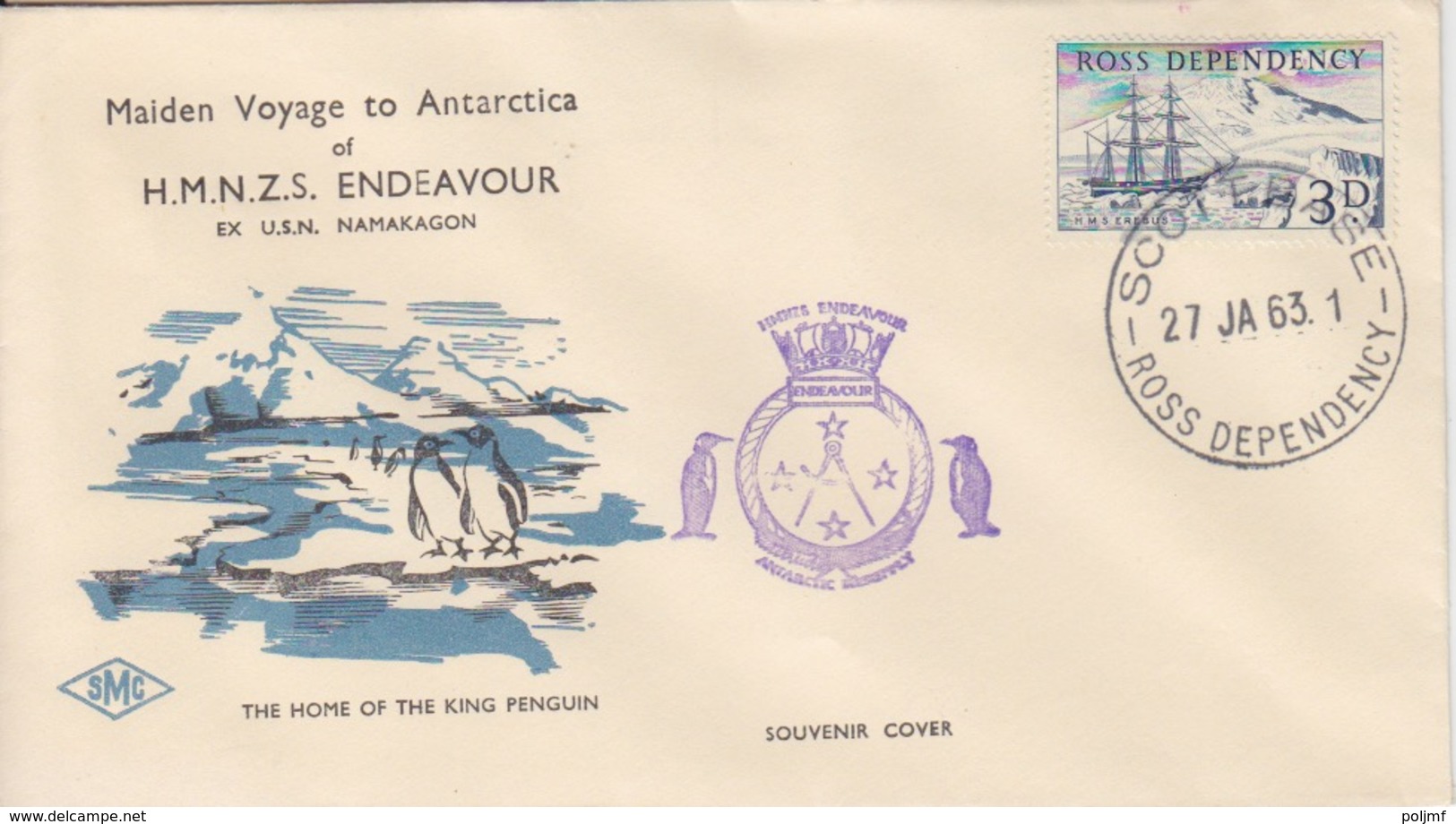 Polaire Néozélandais, N° 1 Obl. Scott-Base Le 27 JA 63 Sur Lettre Illustrée HMNZS Endeavour + Cachet Endeavour - Storia Postale