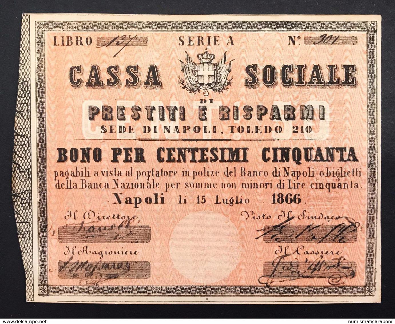 Cassa Sociale Prestiti E Risparmi Sede Di Napoli Toledo Bono Per 50 Cent 15 07 1866 Fiduciario Gav.061034.1 R4 N.3196 - Autres & Non Classés
