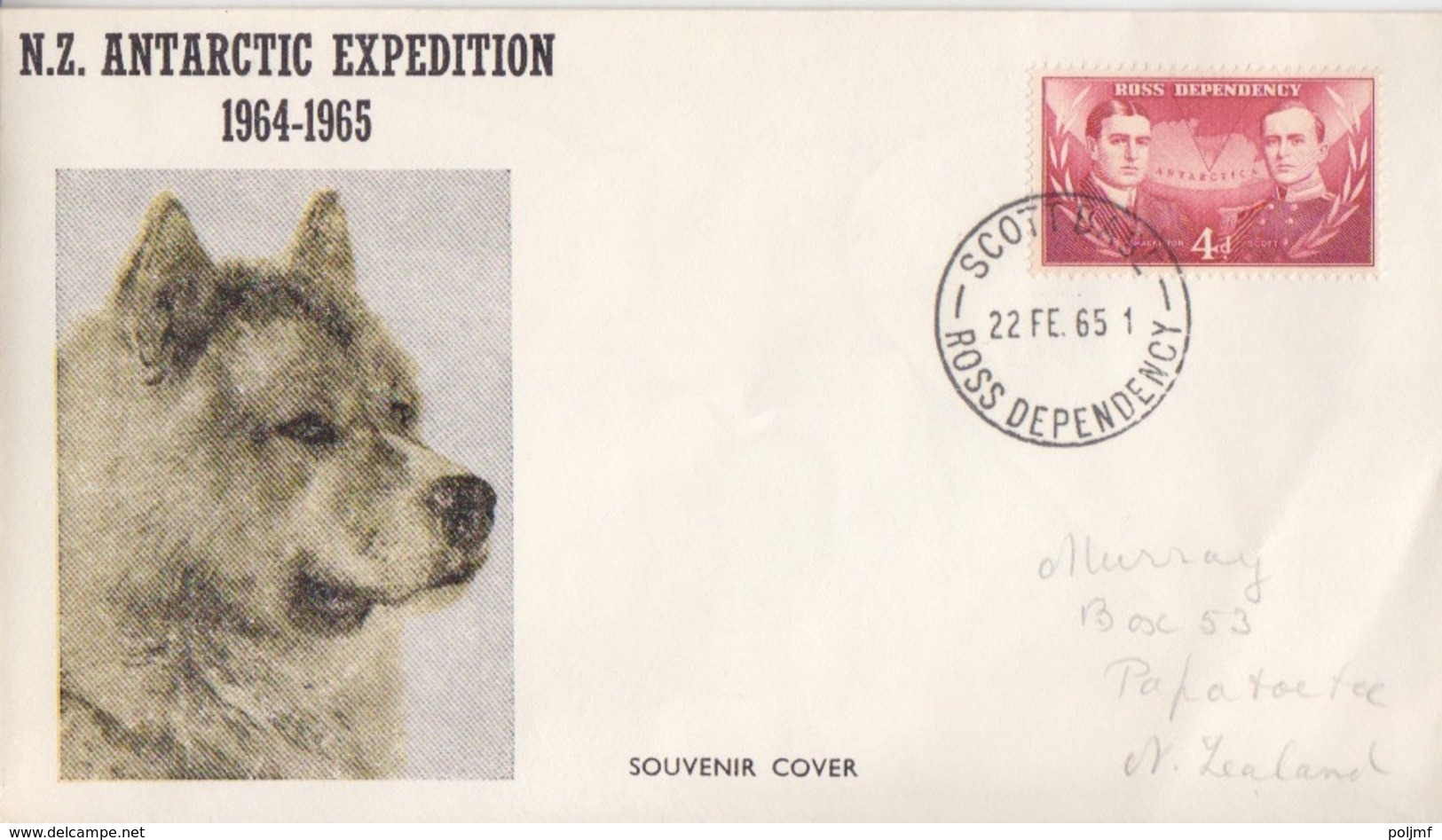 Polaire Néozélandais, N° 2 Obl. Scott-Base Le 22 FE 65 Sur Lettre Illustrée N.Z. Antarctic Expédition 1964-1965 (chien) - Storia Postale