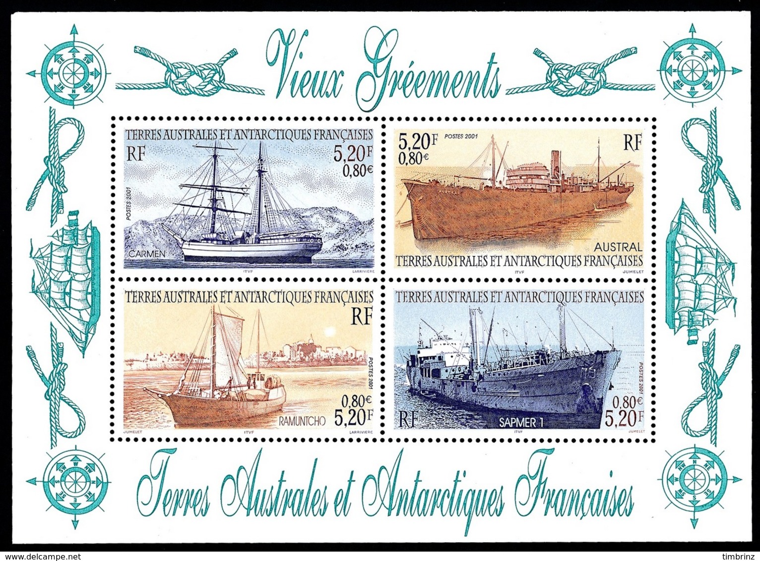 TAAF Année complète 2001  (NEUF ** MNH) :  Yv. 287 à 321 dont 2 BF et CARNET DE VOYAGE C308 (49 tp)  ..Réf.TAF21056