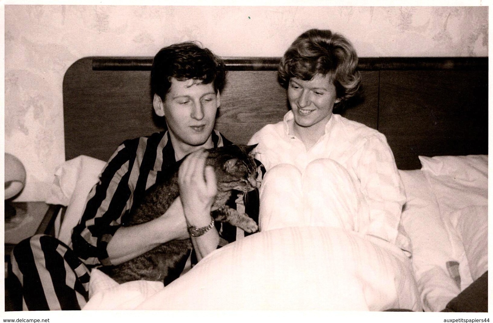 Carte Photo Originale Jeune Couple Dans Leur Lit En Pyjamas Au Réveil Câlinant Leur Chat Européen En 1960 - Personnes Anonymes
