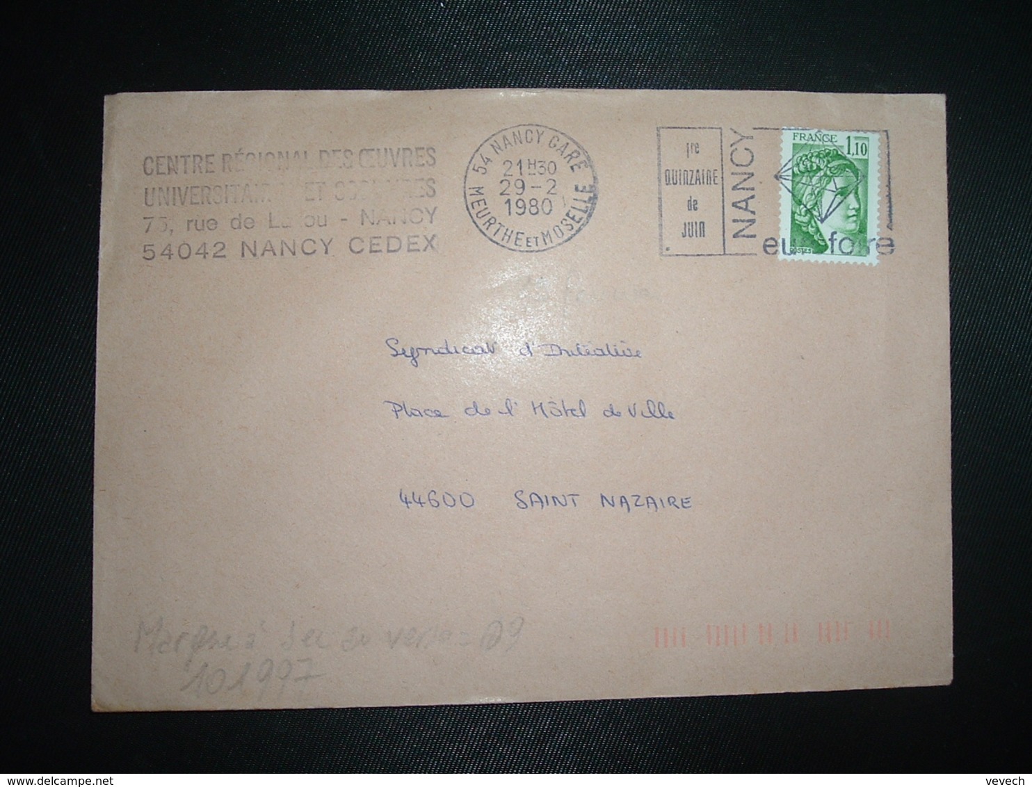 LETTRE TP SABINE 1,10 OBL.MEC.29-2 1980 54 NANCY GARE + TRI INDEXATION BARRES ROSES Marque à Sec 09 + 29 FEVRIER 1980 - 1961-....