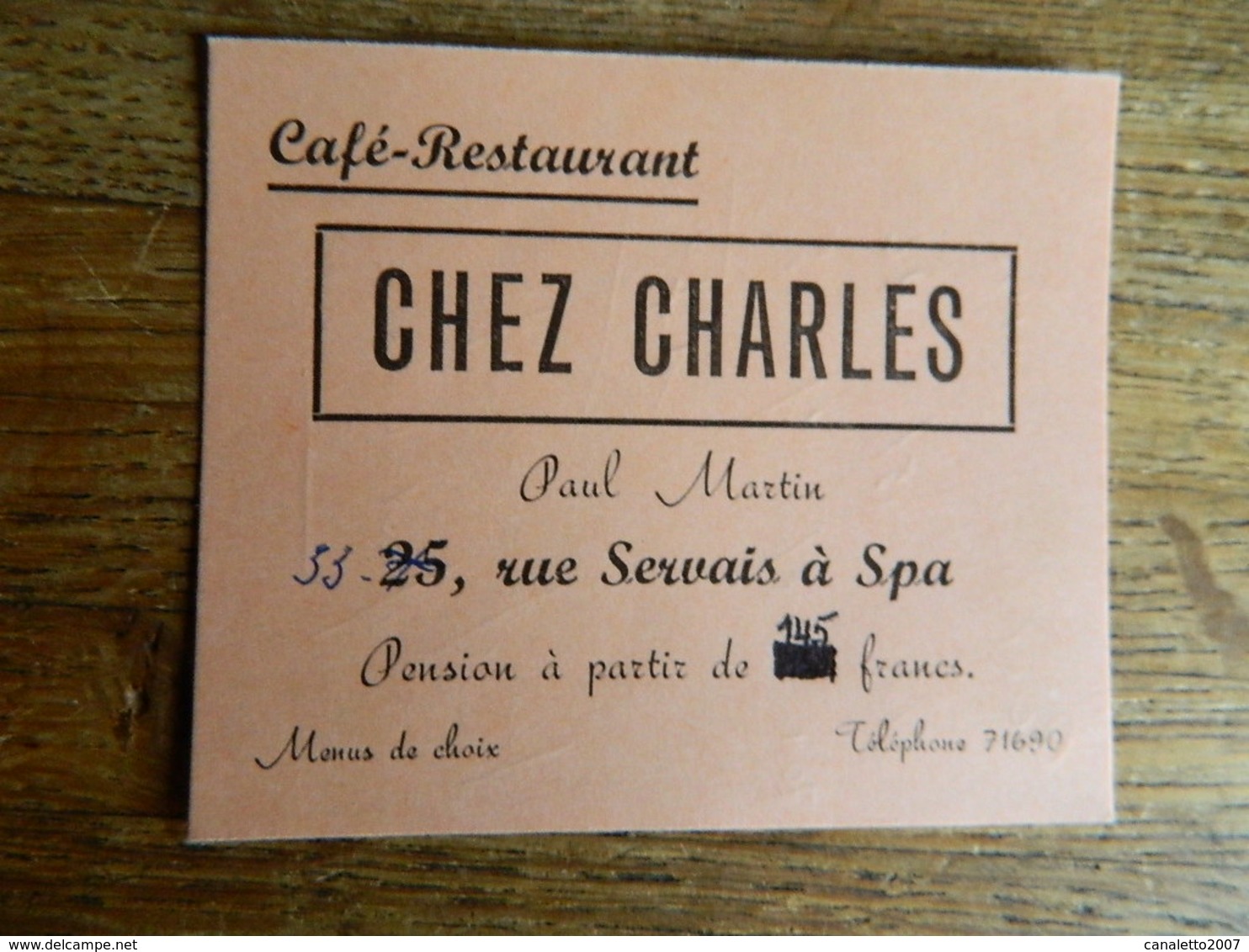 SPA:CARTE PUBLICITAIRE DU CAFE RESTAURANT CHEZ CHARLES -PAUL MARTIN-33 RUE DERVAIS A SPA - Advertising