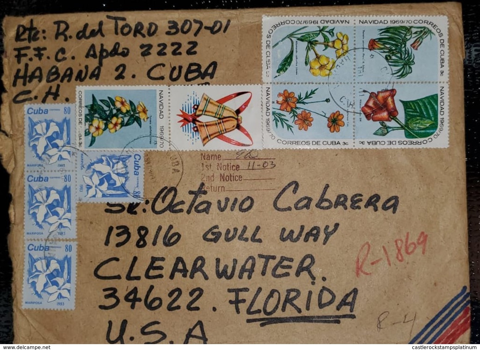 O) 1969 CUBA - SPANISH ANTILLES, CHRISTMAS - FLOWERING PLANTS -TURNERA -THEVETHIA - HIBISCUS - ALLAMANDA - COSMOS- SCT 1 - Brieven En Documenten