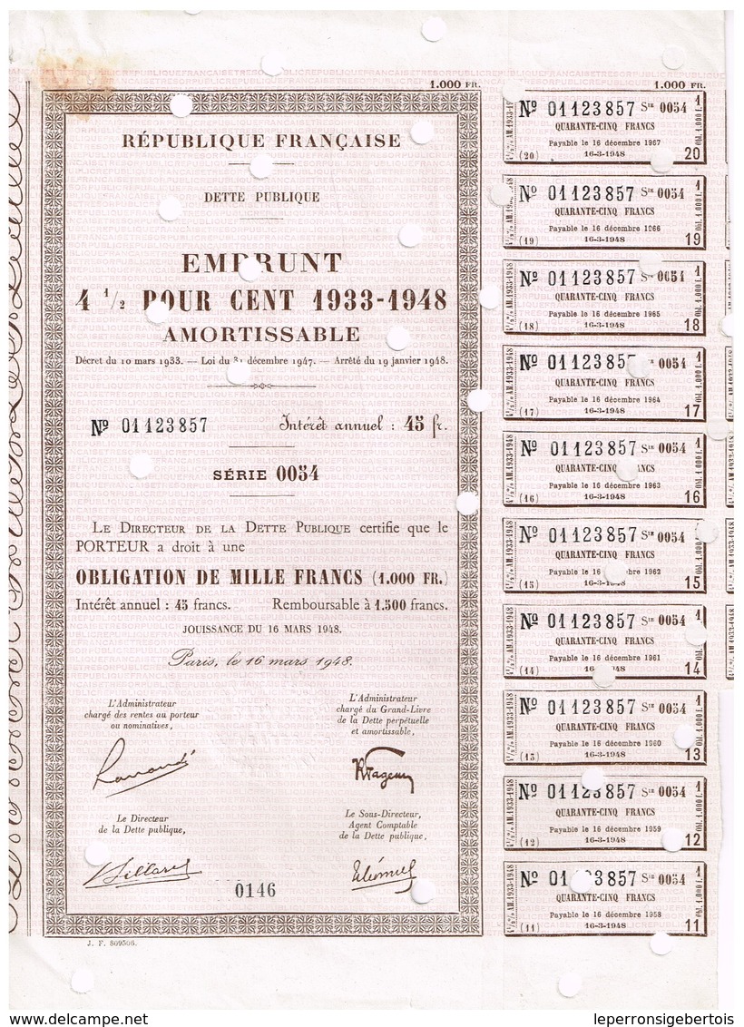 Titre Ancien - République Française - Dette Publique - Emprunt 4 1/2 % - 1933-1948 Amortissable - Titre De 1000 Francs - - D - F