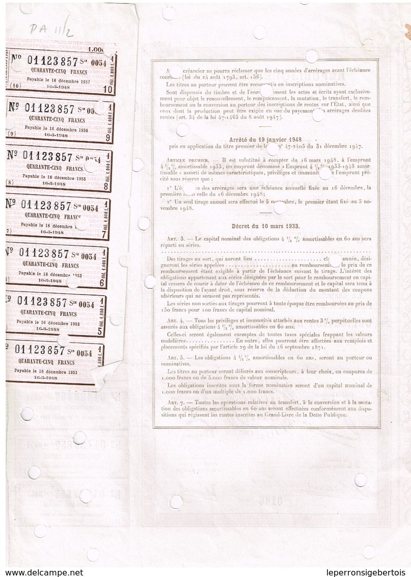 Titre Ancien - République Française - Dette Publique - Emprunt 4 1/2 % - 1933-1948 Amortissable - Titre De 1000 Francs - - D - F