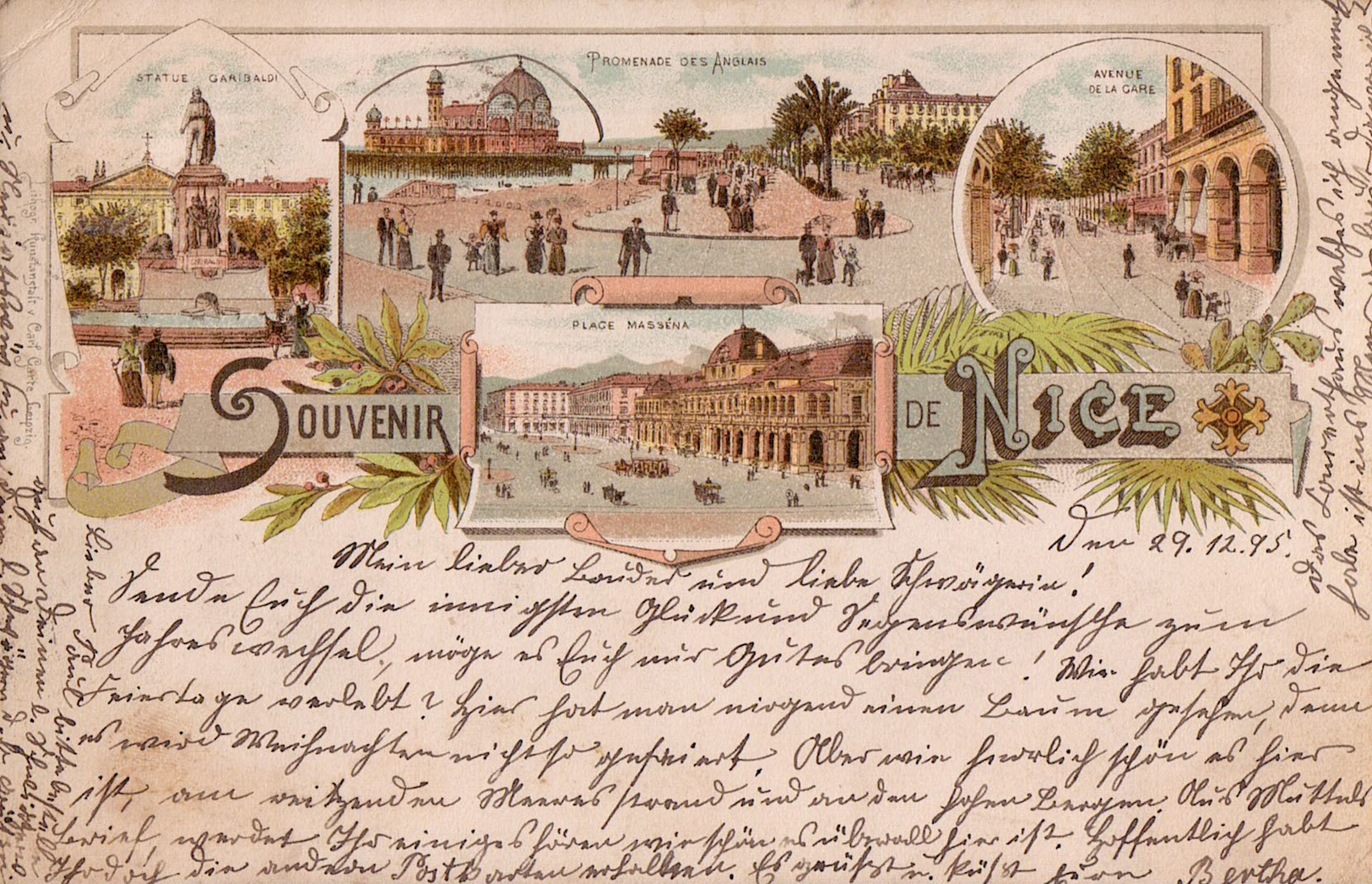 Souvenir De Nice. Avenue De La Gare, Promenade Des Anglais, Place Masséna, Statue Garibaldi, 1895. - Squares