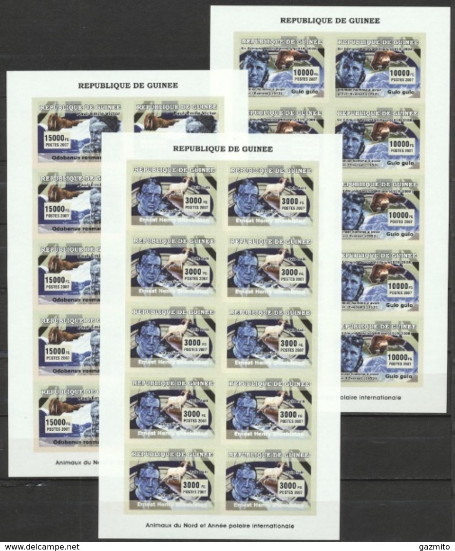 Guinea 2007, Polar Year, Explorers, Animals, 3sheetlets IMPERFORATED - Année Polaire Internationale