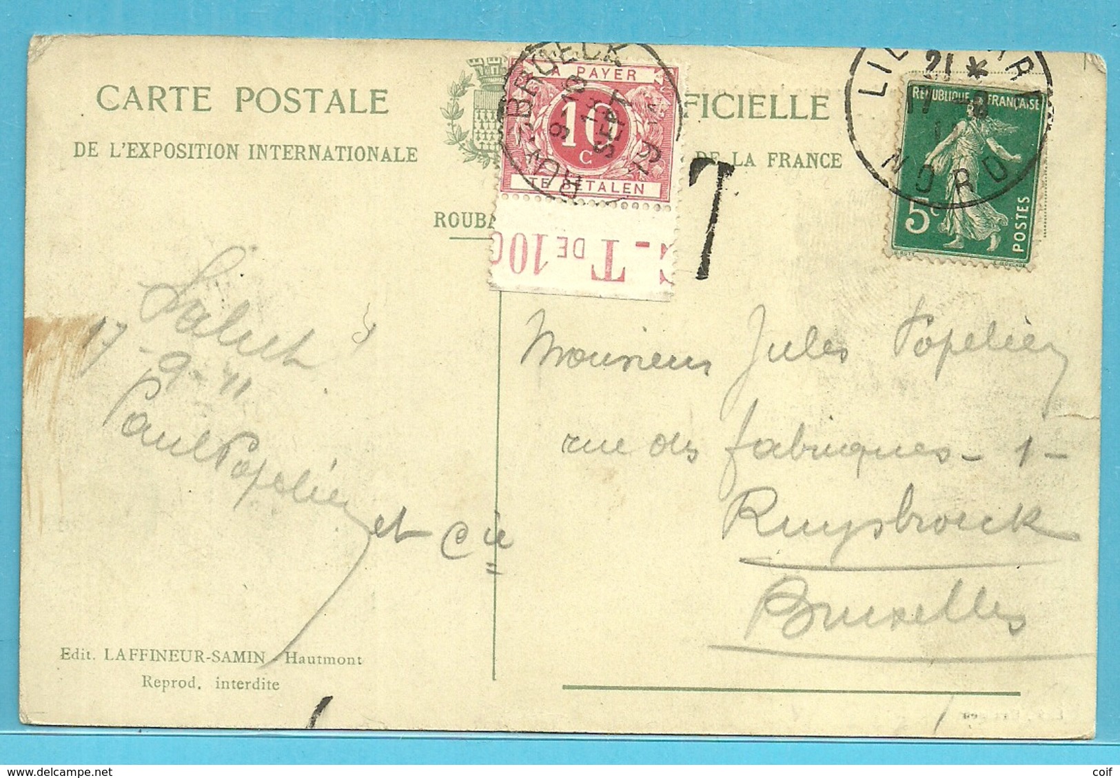 Postkaart Verzonden Van France, Met Taxe TX 5 Met Bladboord "C-Tde10C", Met Cirkelstempel RUYSBROECK Op 18/9/1911 (RARE) - Andere & Zonder Classificatie