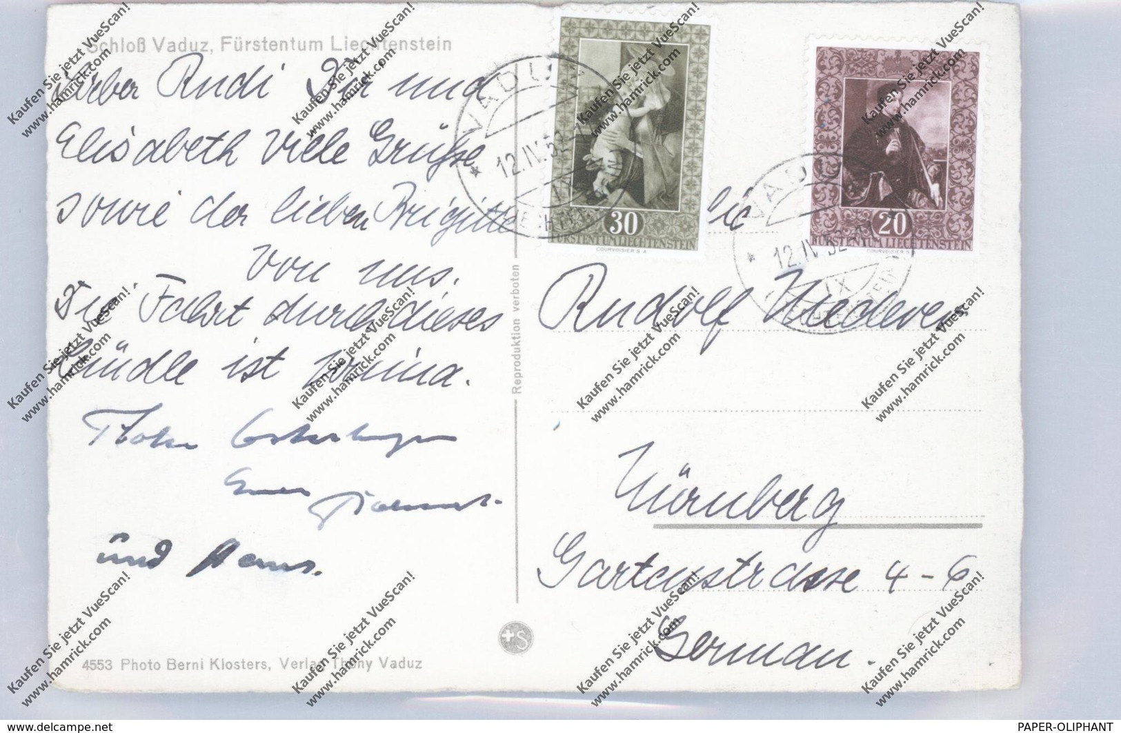 LIECHTENSTEIN - 1952, Michel 306 & 307, AK Nach Nürnberg - Lettres & Documents