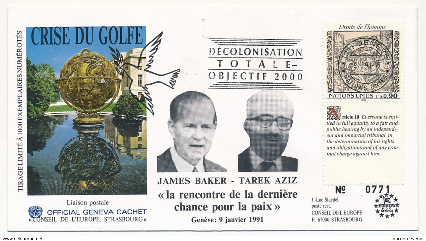 ONU - Enveloppe - Crise Du Golfe  Rencontre James Baker / Tarek Aziz - 9 Janvier 1991 - Cartas & Documentos