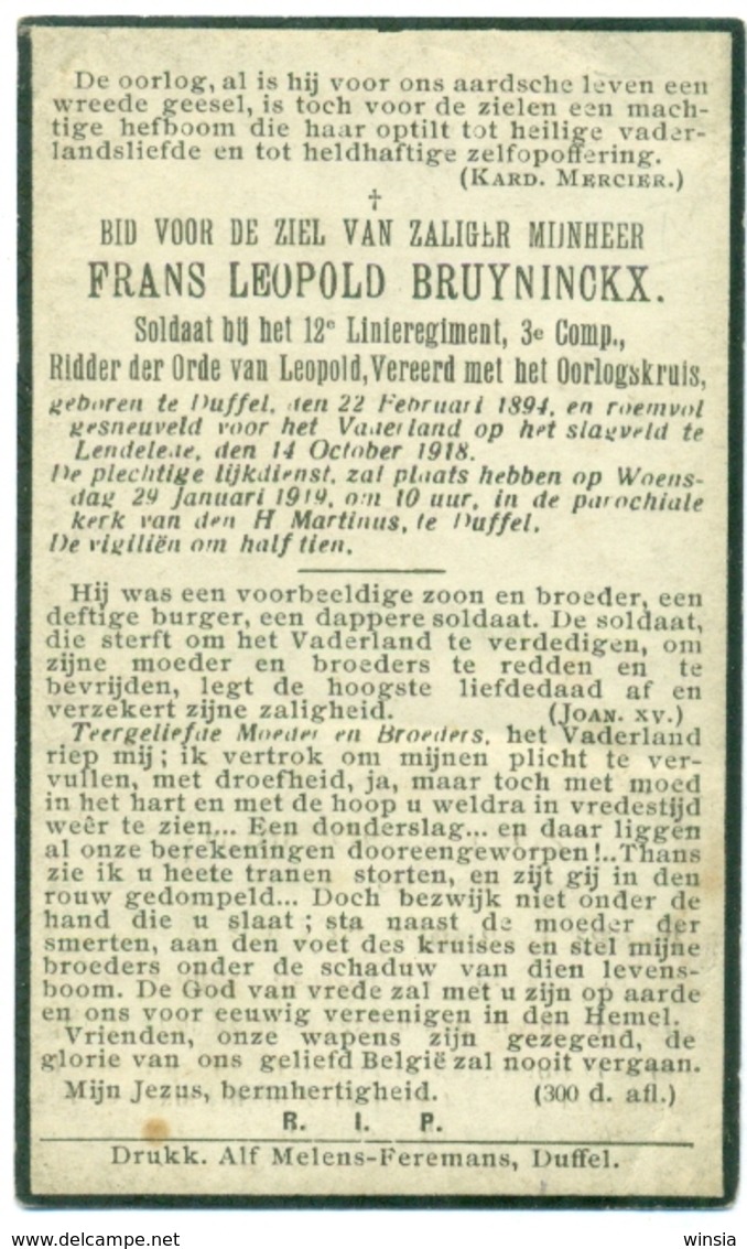 WO1 / WW1 - Doodsprentje Bruyninckx Frans Leopold - Duffel / Lendelede - Gesneuvelde - Décès