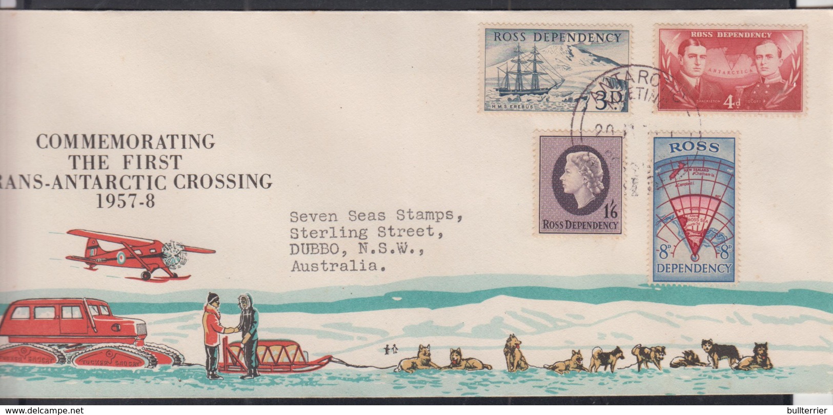 ROSS DEPENDENCY - 1957 - CROSSING FLIGHT SET OF 4 ON ILLUSTRATED FDC TO AUSTRALIA - Lettres & Documents