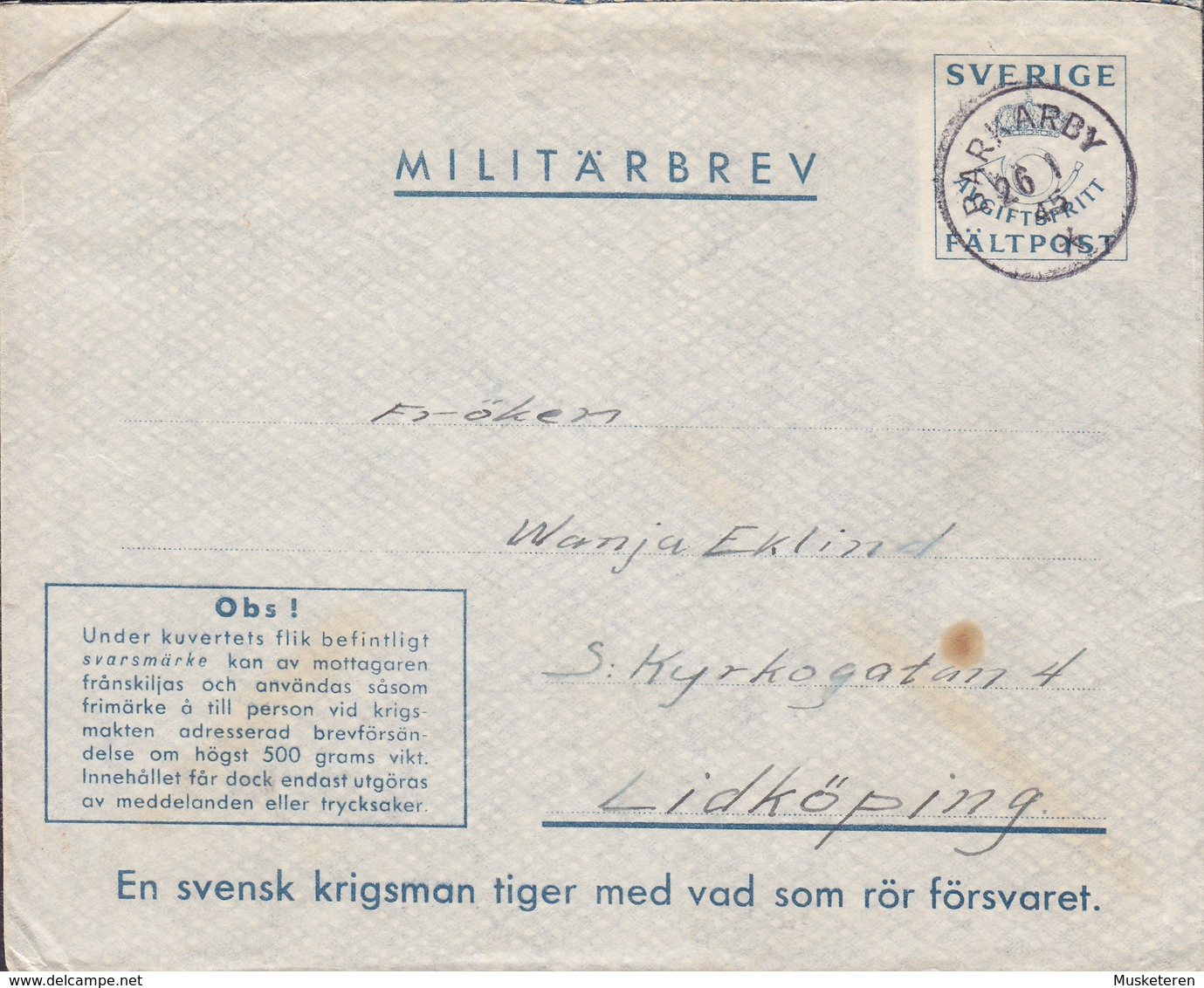 Sweden Feldpost Fieldpost Fältpost Militärbrev BARKARBY 1945 Cover Brief LIDKÖPING (2 Scans) - Militaires