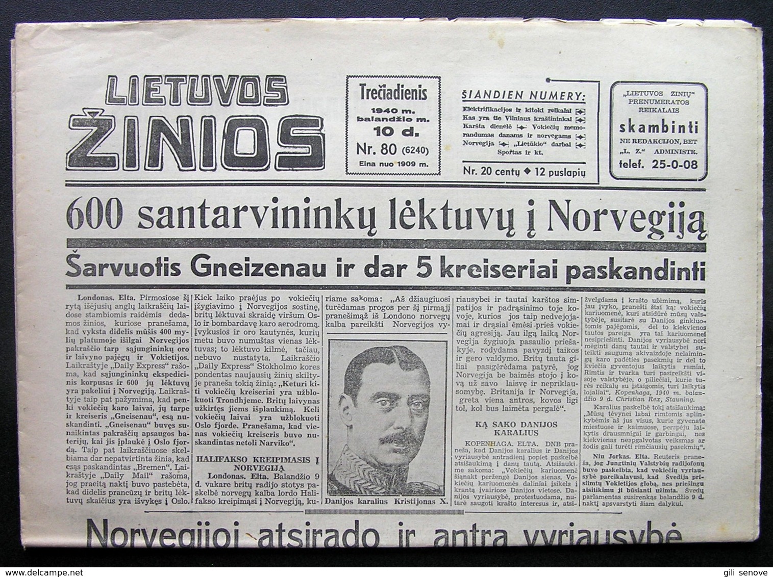 Lithuanian Newspaper/ Lietuvos žinios No. 80 (6240) 1940.04.10 - General Issues