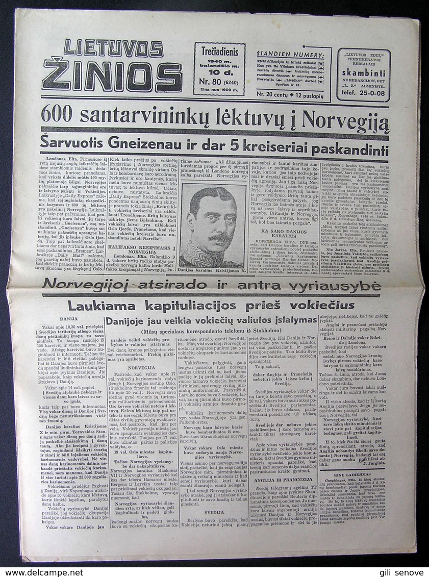 Lithuanian Newspaper/ Lietuvos žinios No. 80 (6240) 1940.04.10 - Allgemeine Literatur