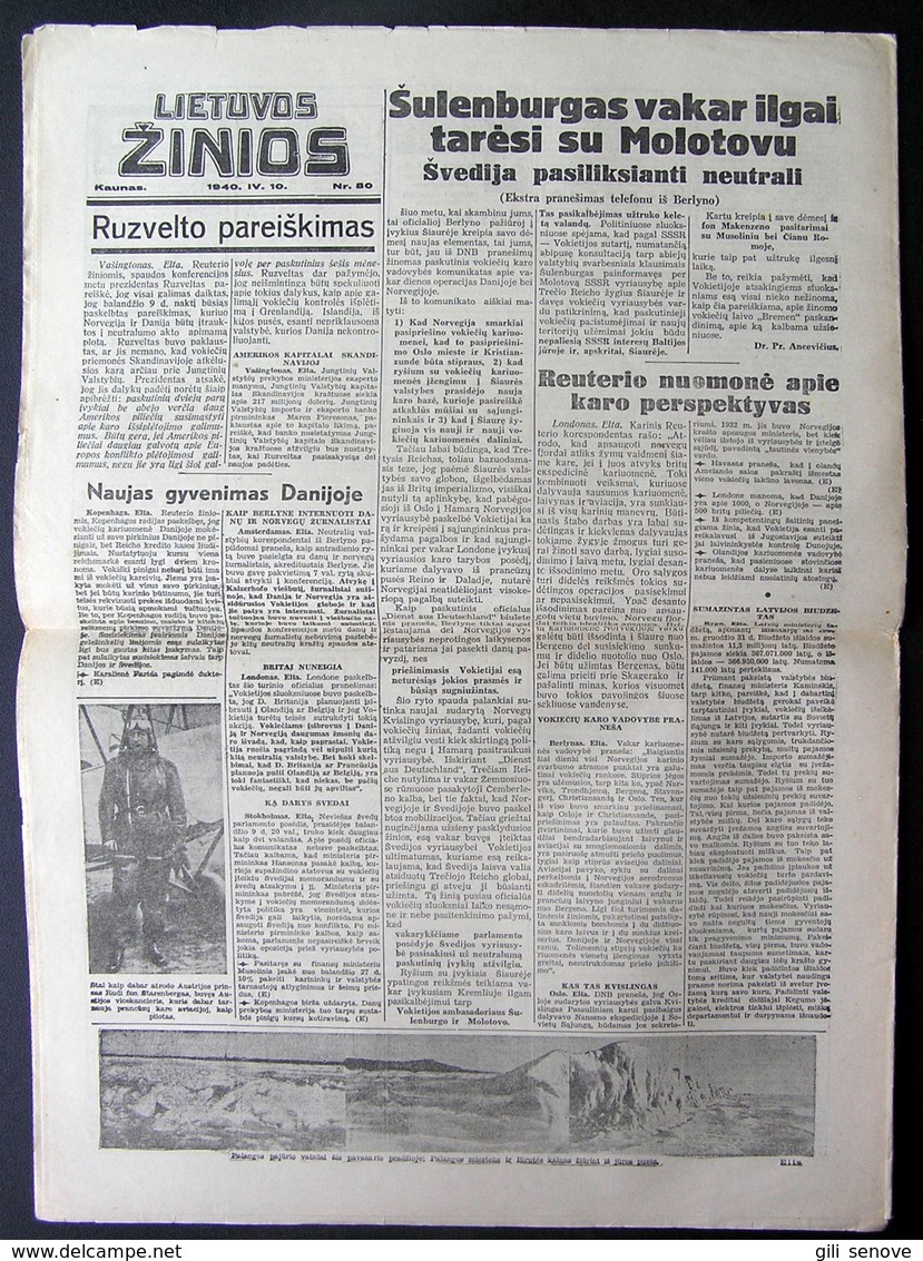 Lithuanian Newspaper/ Lietuvos žinios No. 80 (6240) 1940.04.10 - Allgemeine Literatur