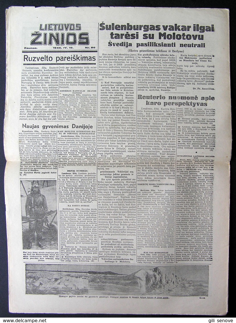 Lithuanian Newspaper/ Lietuvos žinios No. 80 (6240) 1940.04.10 - General Issues