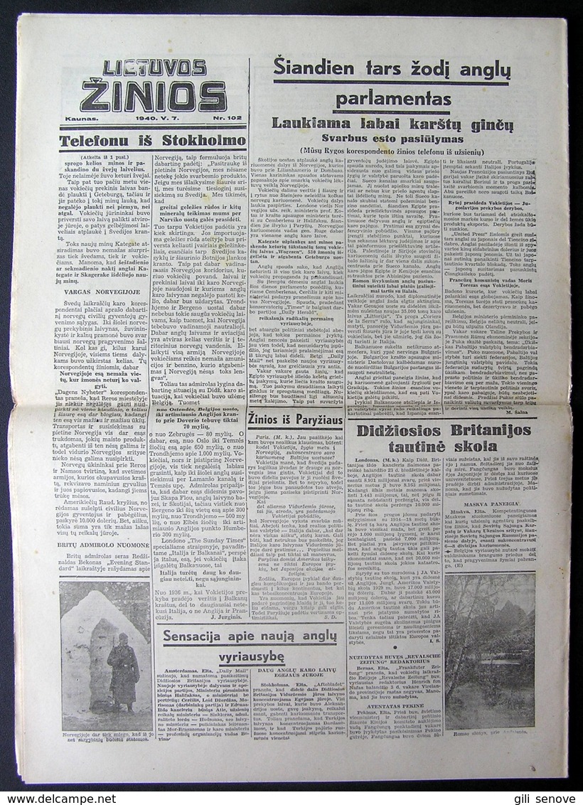 Lithuanian Newspaper/ Lietuvos žinios No. 102 (6262) 1940.05.07 - Allgemeine Literatur