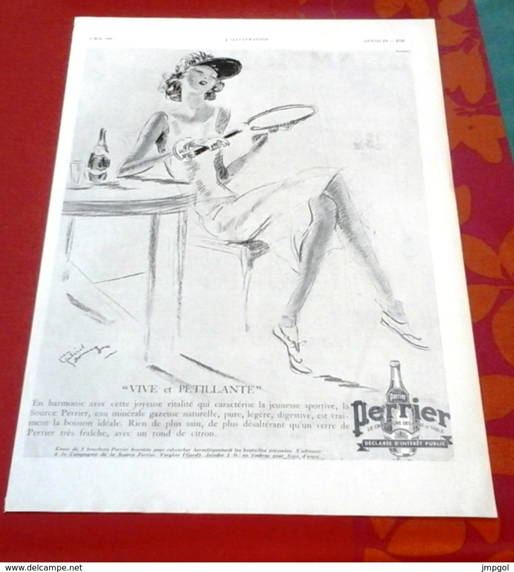 Publicité PERRIER "Vive Et Pétillante" Joueuse De Tennis L'illustration 1936 - Pubblicitari