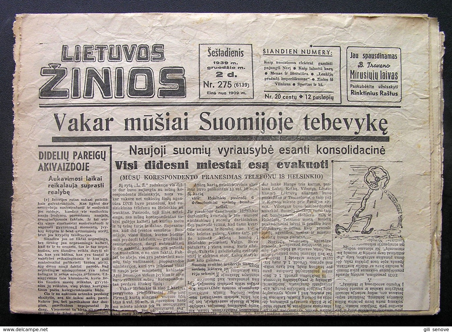 Lithuanian Newspaper/ Lietuvos žinios No. 275 (6139) 1939.12.02 - General Issues