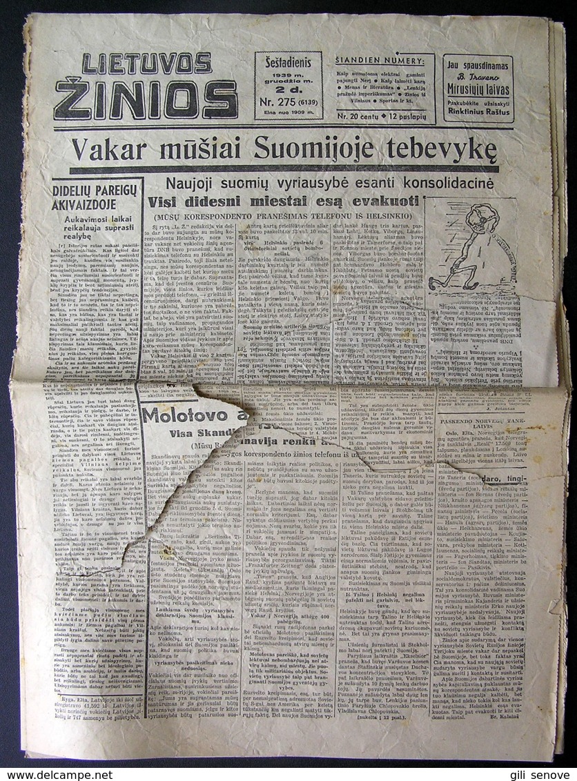 Lithuanian Newspaper/ Lietuvos žinios No. 275 (6139) 1939.12.02 - General Issues