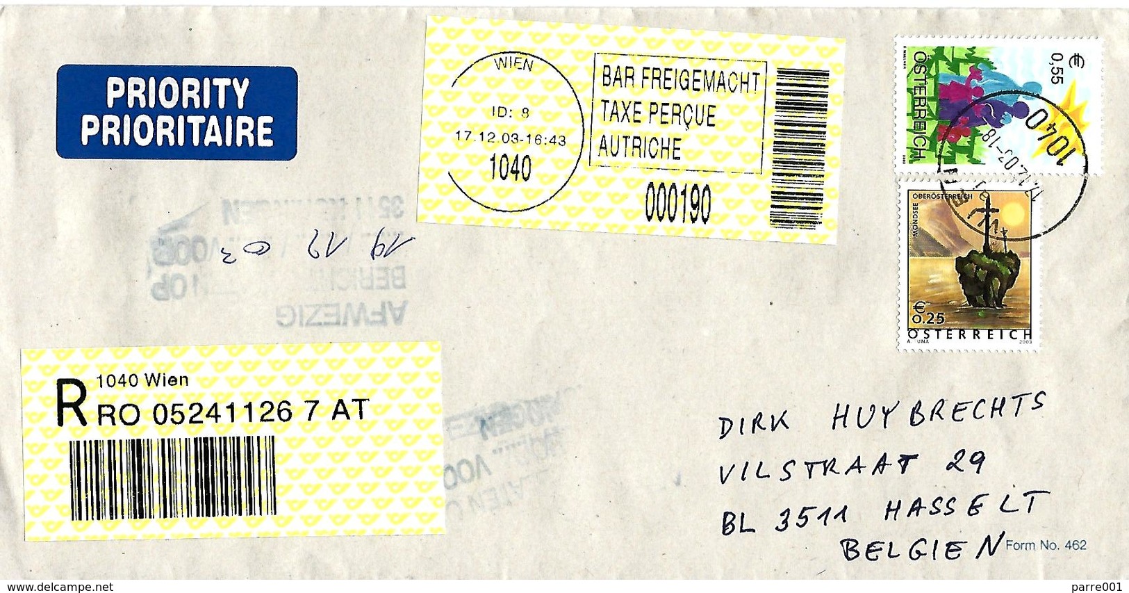 Österreich Austria 2003 Wien Family Bar Freigemacht Registered Cover Hasselt Belgie Afwezig Handstempel Besteller - Storia Postale