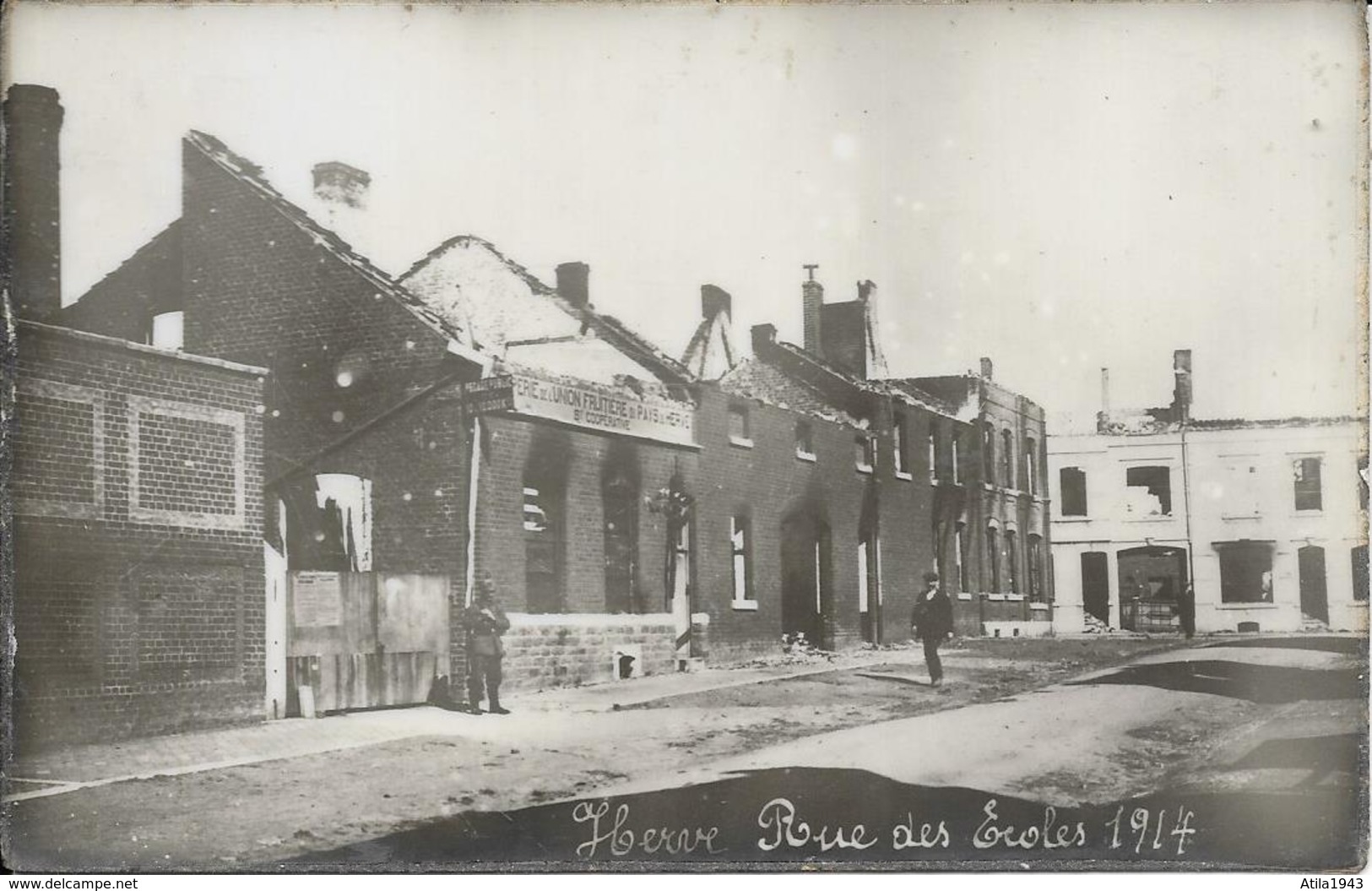 HERVE - Photo Carte - Epreuve - Rue Des Ecoles En 1914 - Bombardement - Dos Plastifié - 2 Scans - Herve