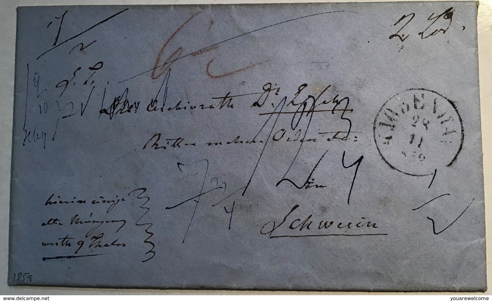 1859 KJOBENHAVN MONEY LETTER RARE COINS> Mecklenburg-Schwerin Via Hamburg(Denmark Cover Brief Numismatics Numismatique - Covers & Documents