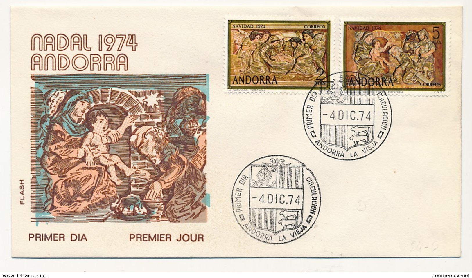 ANDORRE => Enveloppe FDC => "Navidad 1974" (Nativité 1974) - Andorre La Vieille - 4 Décembre 1974 - Cartas & Documentos