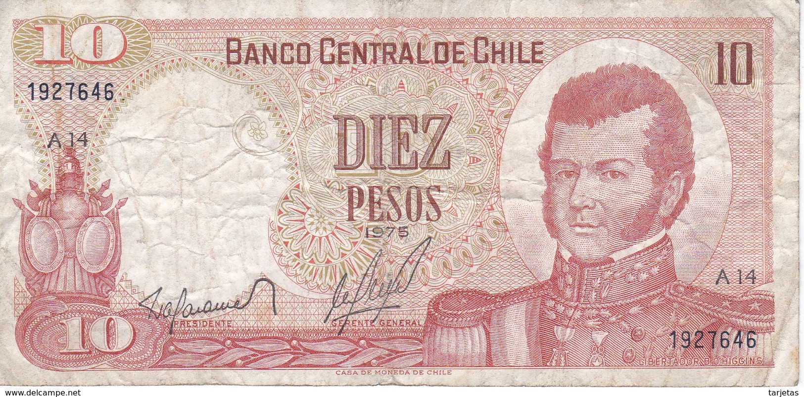 BILLETE DE CHILE DE 10 PESOS DEL AÑO 1975 (BANK NOTE) - Chile