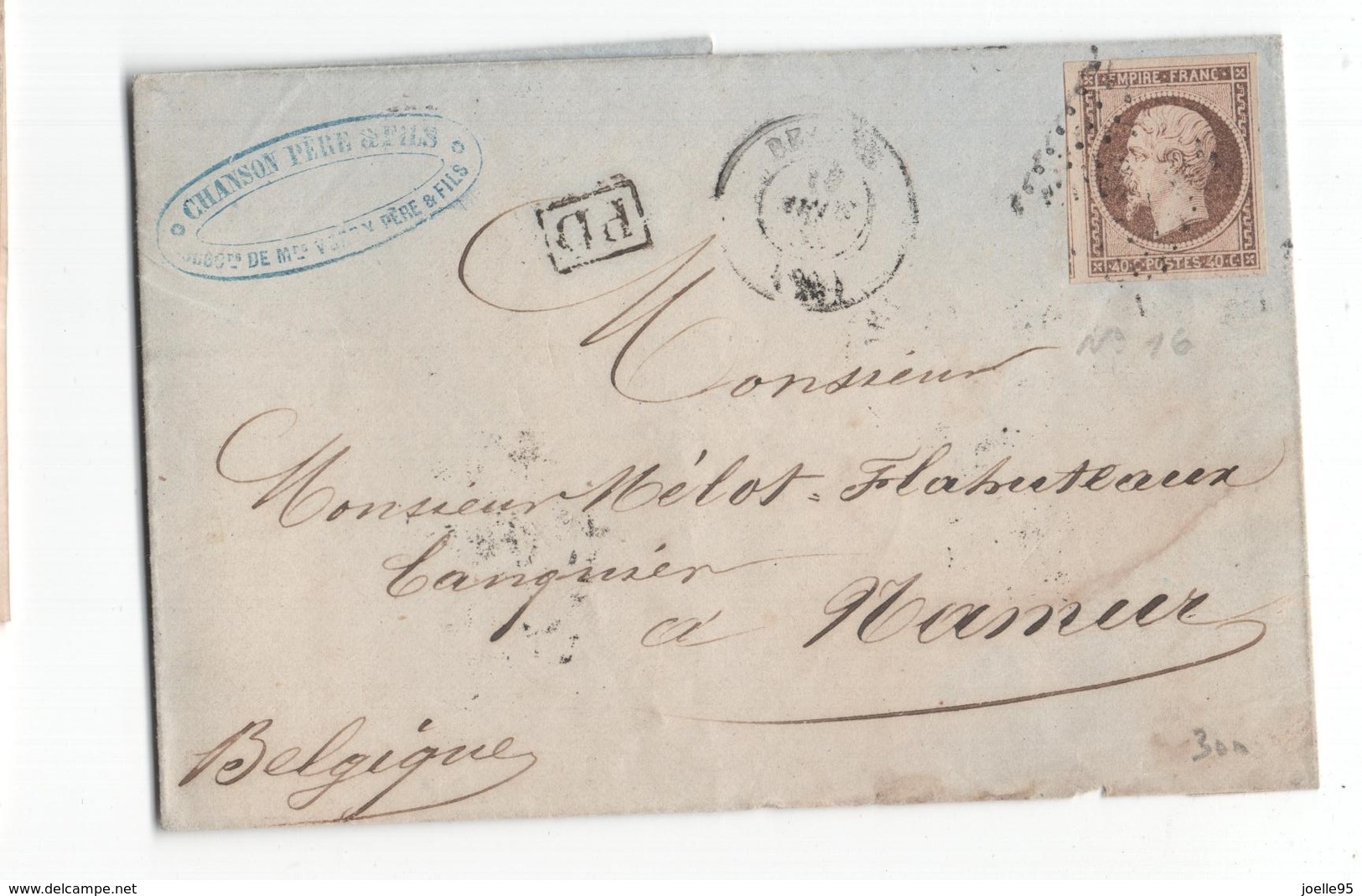 Entier Postal - France - Napoleon Nr. 16 - 40 Cent - Namur - Chanson Pere & Fils - Paris A Calais - Namur 18 SEPT 1859 - Sonstige & Ohne Zuordnung