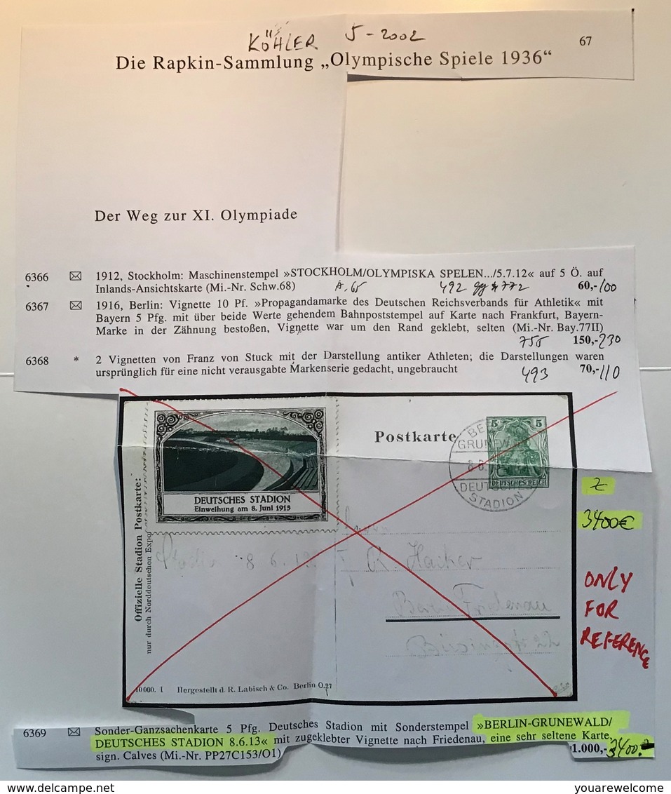 OLYMPIC GAMES 1916: "BERLIN GRUNEWALD DEUTSCHES STADION 1913" RR !(PP Ganzsache Sport Deutsches Reich Sonderstempel - Estate 1912: Stockholma
