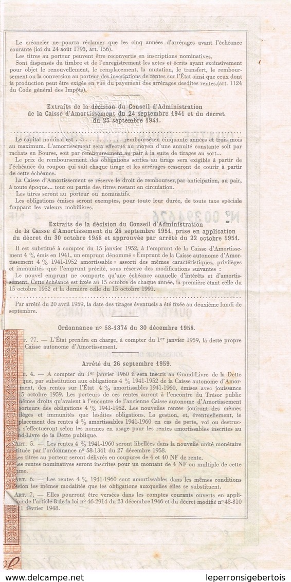 Titre Ancien - République Française - Dette Publique - Rente 4 % 1941-60  Amortissable - Titre De 100 Nouveaux Francs - - D - F
