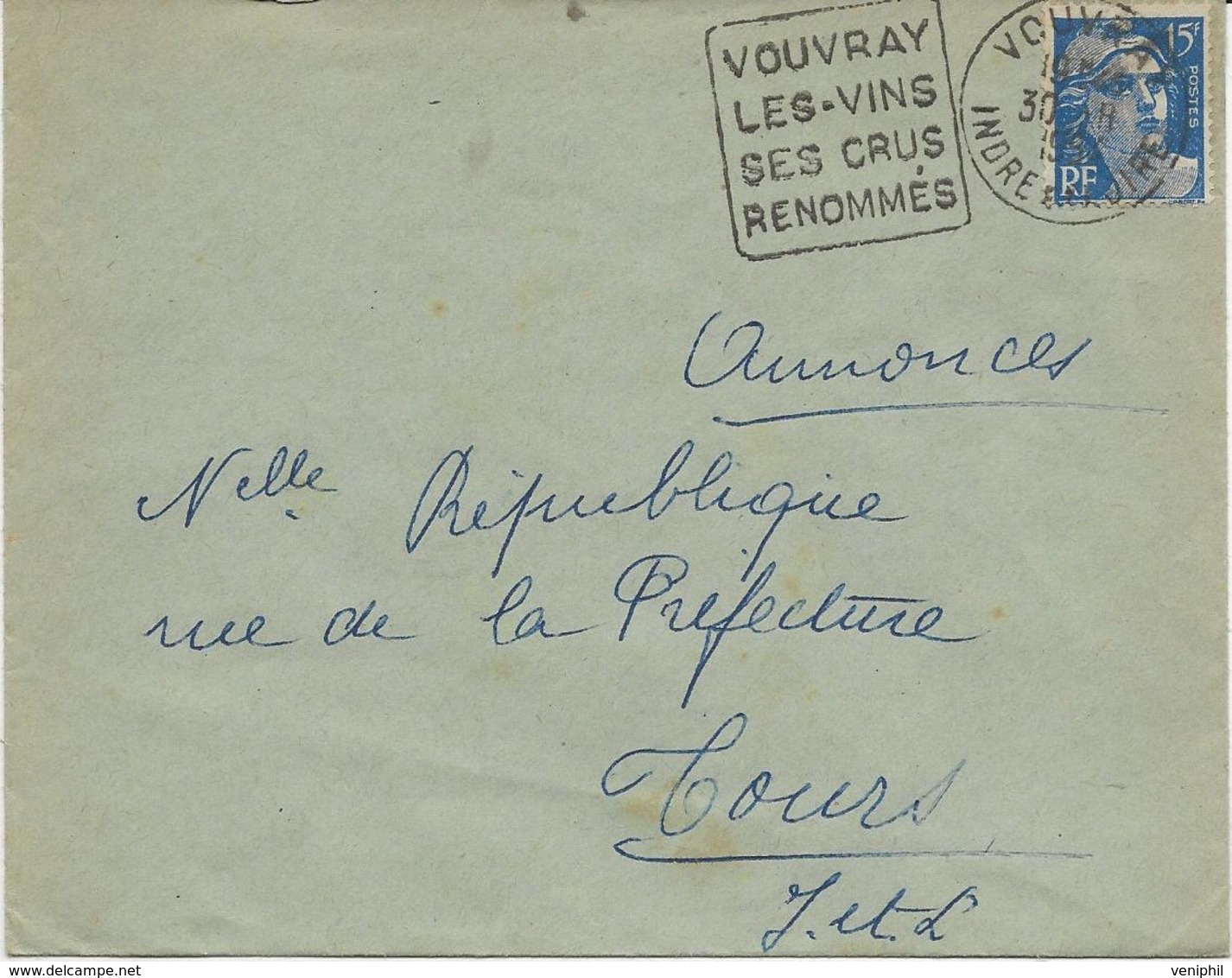 OBLITERATION DAGUIN " VOUVRAY LES VINS -SES CRUS RENOMMES - INDRE ET LOIRE - 1954 - Mechanical Postmarks (Other)