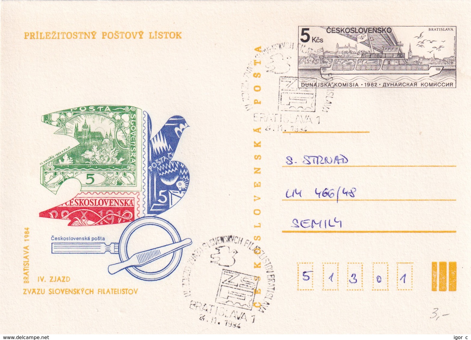 Czechoslovakia Czech 1982 Postal Stationery Card; Danube Conference; Philatelic Meeting Bratislava 1984; Dove Of Peace - Altri & Non Classificati